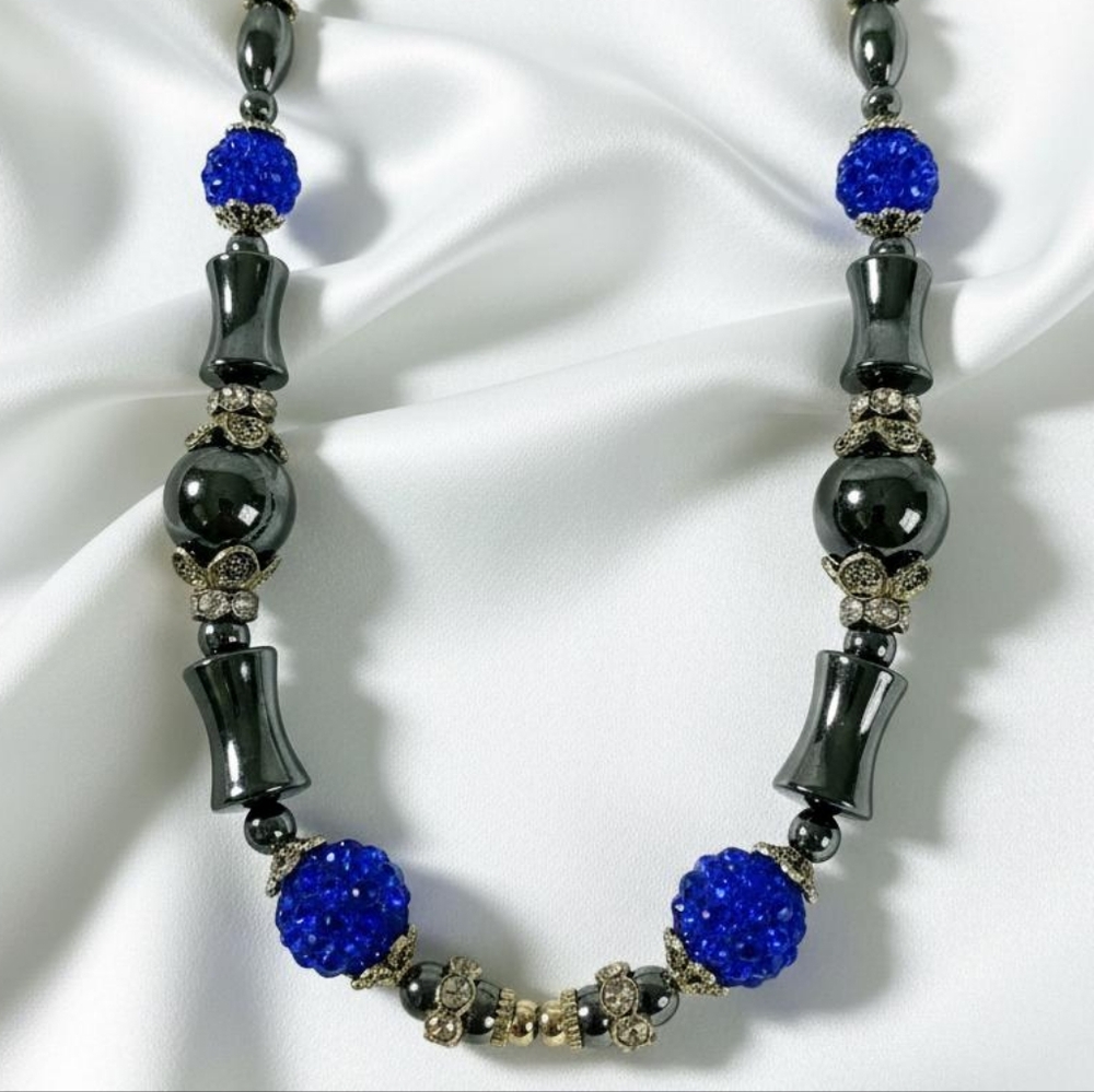 Hematite & Cobalt Blue Crystal Beaded Necklace